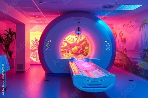 Fototapeta A bright, colorful world seen through the lens of an MRI machine ,A brightly colored room featuring an MRI machine, showcasing a blend of medical technology and artistic wall designs.