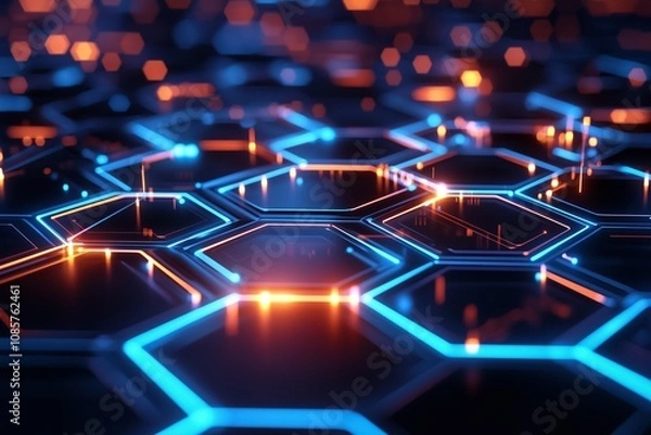 Obraz Glowing hexagonal grid pattern with digital data streams futuristic technology background with deep colors