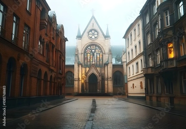 Obraz Serene Urban Street with Historic Architecture Featuring Stained Glass Windows in a Foggy Morning Setting, Evoking a Sense of Tranquility and Wonder