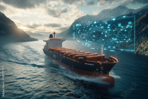 Fototapeta Futuristic cargo ship navigating serene waters with AI technology