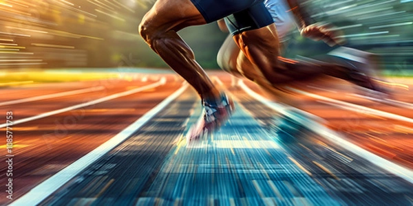 Obraz Sprinters racing on an athletics track, Dynamic action shot of runners in a competitive sprint

