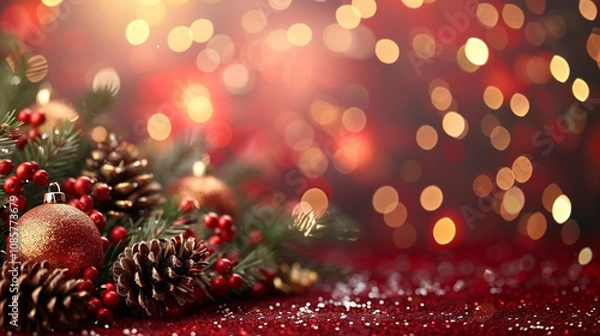 Fototapeta Festive christmas scene with ornaments and bokeh lights on a glittering red background