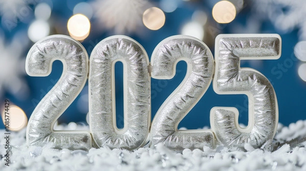 Fototapeta Festive silver puffy '2025' celebration with snow and bokeh lights