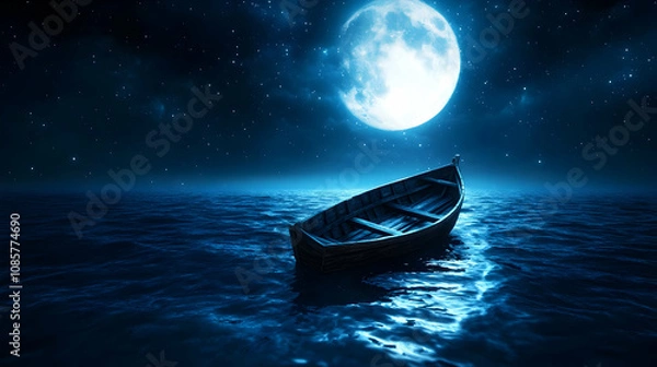 Fototapeta A serene nightscape featuring a small boat under a bright moon reflecting on calm waters.