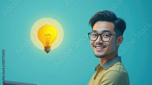 Fototapeta Asian man looking at camera and smiling,a smiling man in uniform looks at the camera, a cartoon-style circle flutters with a yellow idea lantern inside the circle,