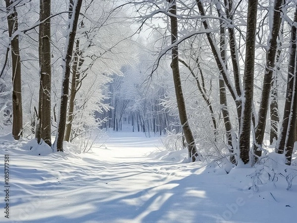 Fototapeta Frosty landscape with snow covered trees