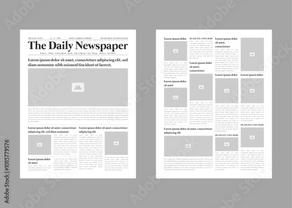 Fototapeta Newspaper design template. The daily newspaper or breaking news with text and picture placeholder editable template.