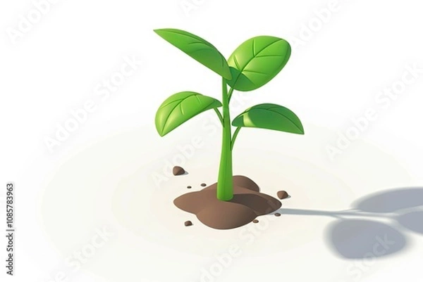 Fototapeta Young green sprout emerging from soil with scattered small rocks. Minimalist 3D illustration on a white background. Growth and sustainability concept.