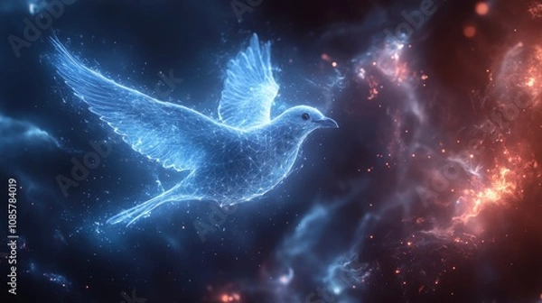 Fototapeta Floating geometric shapes transforming into birds against a deep space background