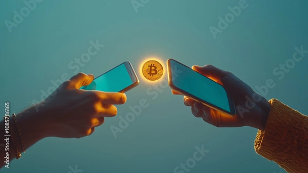 Fototapeta Digital transfer of Bitcoin between mobile devices