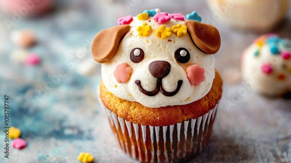 Fototapeta Delightful dog-themed cupcake adorned with colorful frosting and playful decorations perfect for any celebration