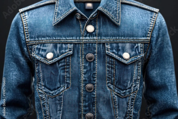 Fototapeta Denim jacket draped over a wooden chair, with buttons undone. Light filtering through a window onto the rugged fabric.