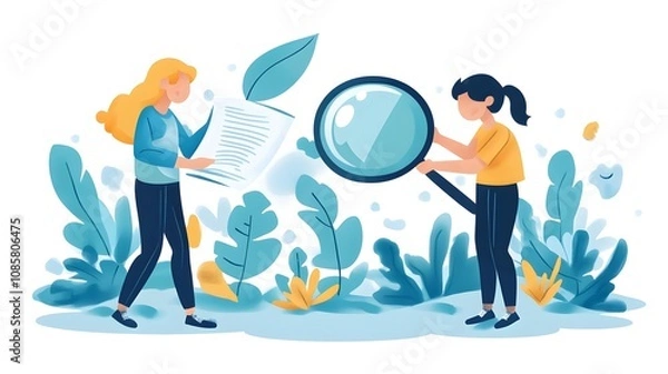 Fototapeta Two women exploring nature with a magnifying glass and notes in a vibrant, colorful setting.