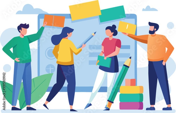 Obraz team working on project management with notes and tasks vector illustration.

