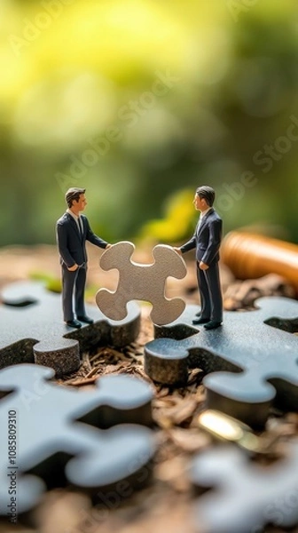 Fototapeta Two miniature figures in suits work together to connect a puzzle piece in a natural setting, symbolizing teamwork and problem-solving.