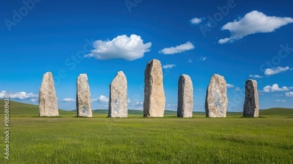Obraz This location features a series of tall, upright stones arranged in a line, surrounded by lush green grass. bright blue sky showcases fluffy white clouds, creating a serene atmosphere
