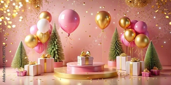 Fototapeta Festive Celebration with Pink and Gold Balloons, Gifts, and Miniature Trees on a Pink and Gold Display Platform