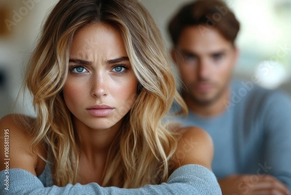 Obraz Close-up of a woman with a concerned and serious expression symbolizing tension and conflict in a relationship. This image can be used by designers, artists and advertisers specializing in emotional