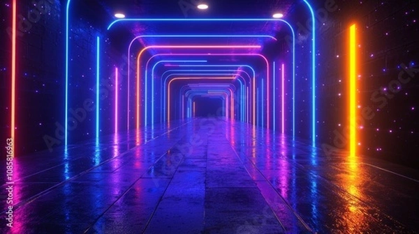 Fototapeta Futuristic Neon Lit Tunnel Corridor with Glowing Geometric Reflections and Infinite Perspective