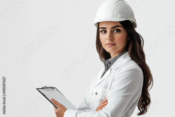 Obraz Smiling  Woman Wearing a White Construction Helmet