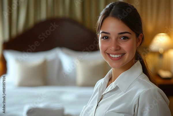 Obraz Smiling Housekeeper in White Uniform Cleaning a Hotel Room