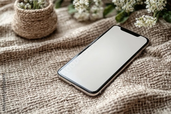 Obraz Smartphone with a blank white screen resting on a fabric background, slight shadow cast from nearby object, minimalistic composition, mockup for design