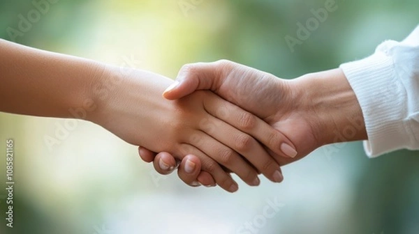 Fototapeta Close-up of two hands shaking, symbolizing agreement, partnership, and trust.
