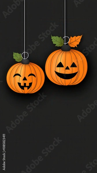 Fototapeta Cheerful Halloween pumpkins hanging with leaves, perfect for festive decor. Their playful expressions add joyful touch to celebration