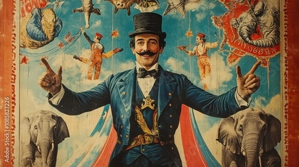 Obraz Vintage Circus Poster Featuring Ringmaster Elephants And Aerialists