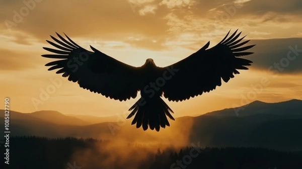 Obraz Silhouette of an eagle soaring through the sky at sunset with mountains in the background.