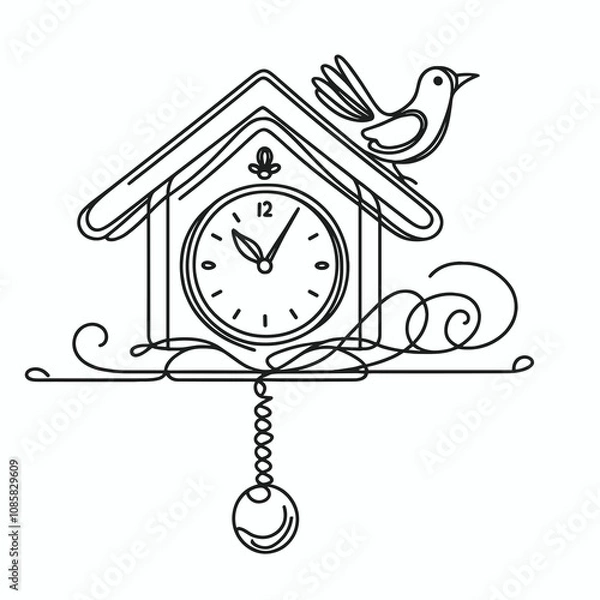 Fototapeta Minimalist cuckoo clock drawn in one continuous line, AI Generation