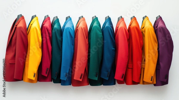 Fototapeta Vibrant colorful suits hanging on white background. joyful display of fashion options