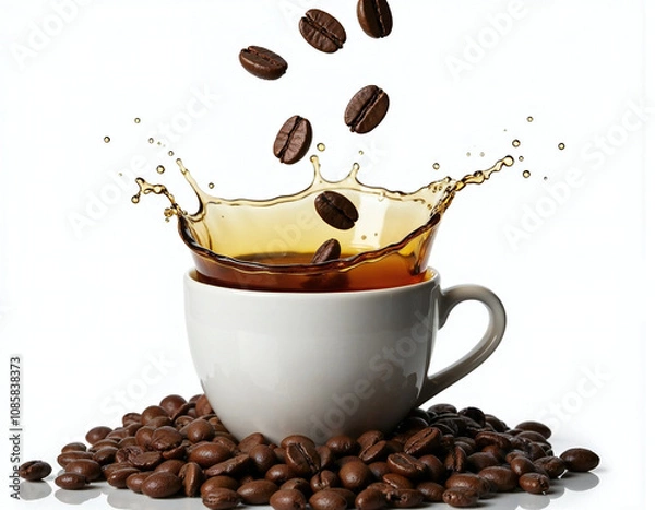Fototapeta cup of coffee with beans  isolated on white background