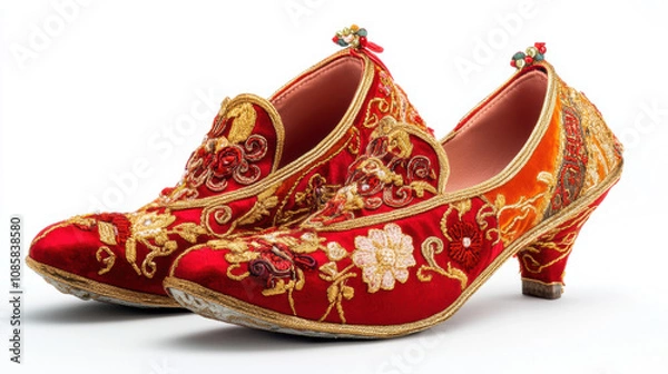 Fototapeta pair of elegant red and gold embroidered Chinese New Year shoes festive and joyful