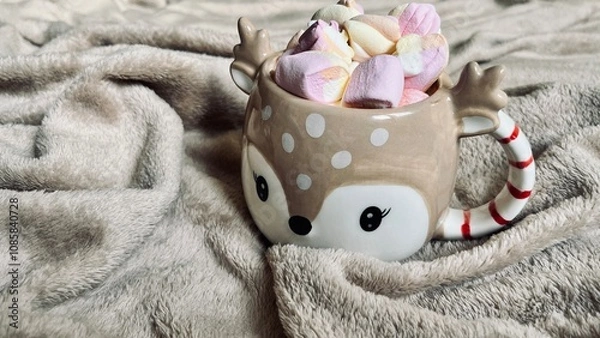 Obraz cup of coffee with marshmallows and christmas decorations Christmas deer
