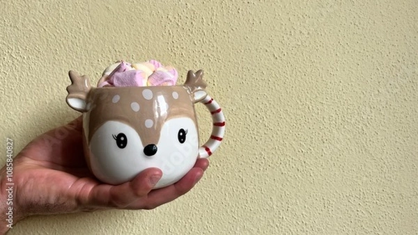 Obraz Christmas cup of cocoa and marshmallows held in hand.