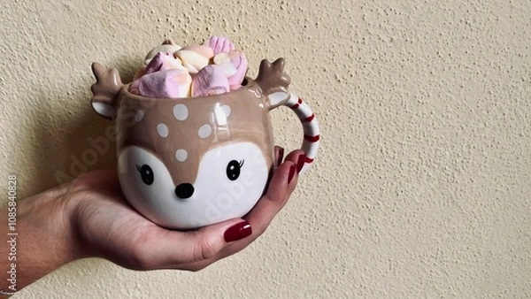 Obraz cute Christmas cup with cocoa and marshmallows in hand