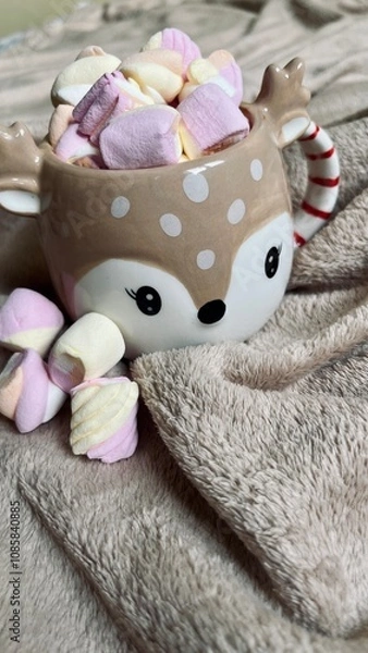 Obraz cup of hot drink with marshmallows in the shape of a Christmas deer. vertical photo