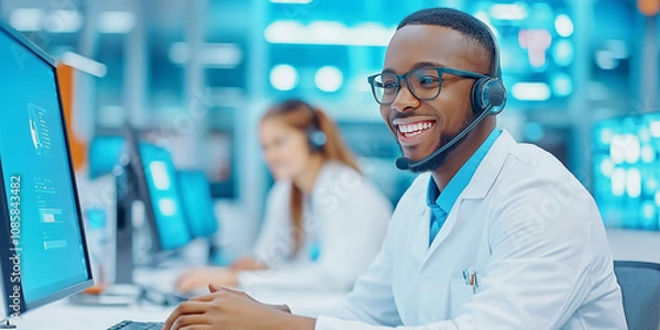 Fototapeta Smiling medical professional wearing headset and lab coat working at computer in modern healthcare call center. Blue toned office environment