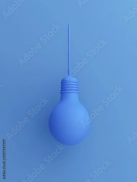 Fototapeta Isometric 3d cartoon render of a minimalistic blue light bulb hanging on a string