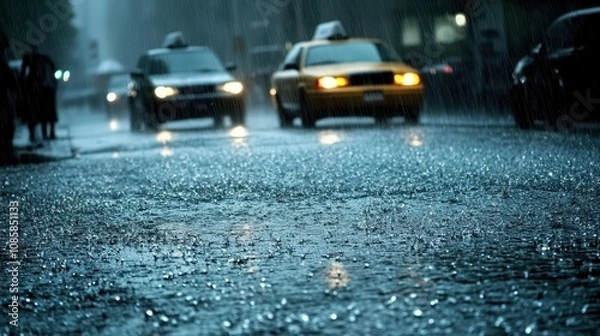 Fototapeta Rainy Street Scene with Yellow Taxi Cabs on Wet Pavement Capturing Urban Life in a Gloomy Atmosphere Perfect for Weather-Related Themes and Cityscapes