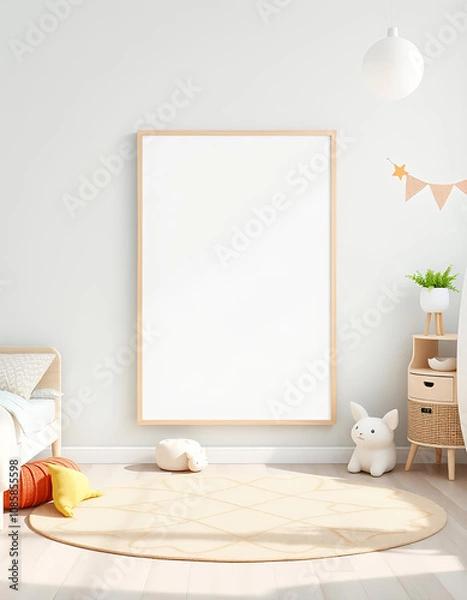 Fototapeta 3D Render of Mockup Poster Frame in a Scandinavian-Style Kid’s Bedroom