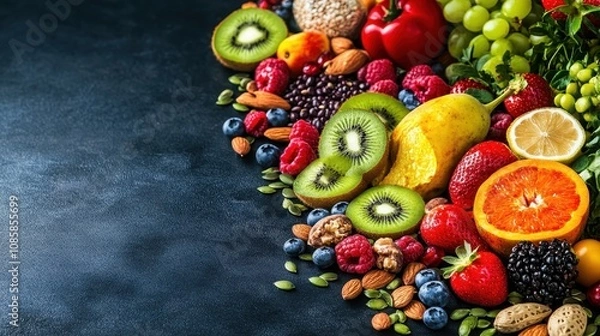 Fototapeta Healthy snack spread with fresh fruit, nuts, and seeds on a wooden table, promoting balanced nutrition as part of an active fitness lifestyle.