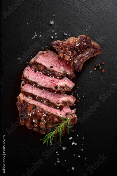 Obraz Grilled beef steak sliced on black stone