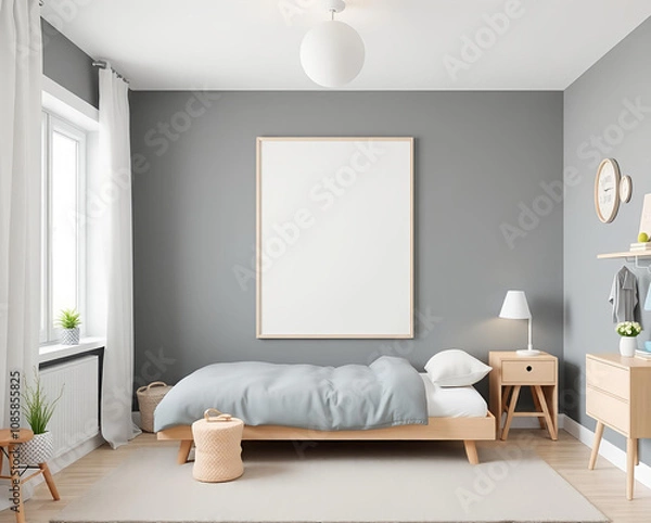 Fototapeta 3D Render of a Scandinavian-Inspired Children’s Bedroom with Mockup Poster Frame