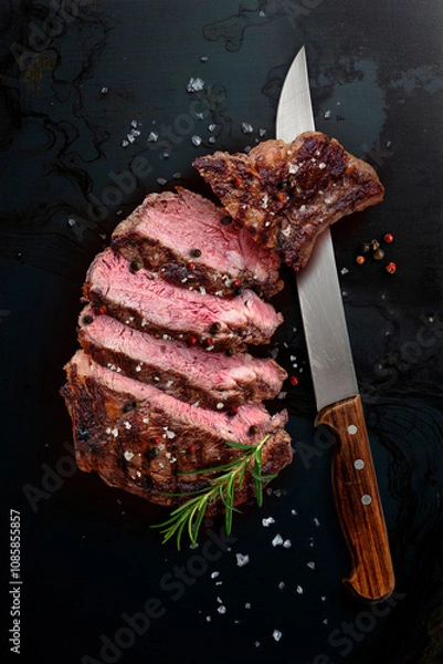 Obraz Grilled beef steak cut on black background