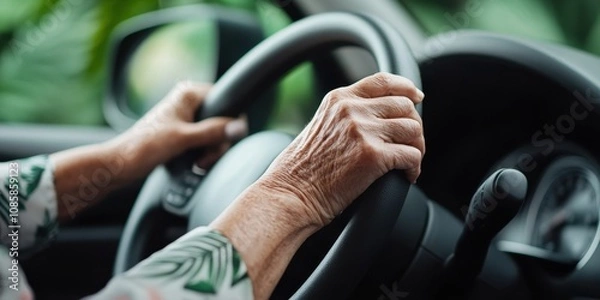 Obraz Senior woman driving a car with focused hands on steering wheel, emphasizing independence and safety