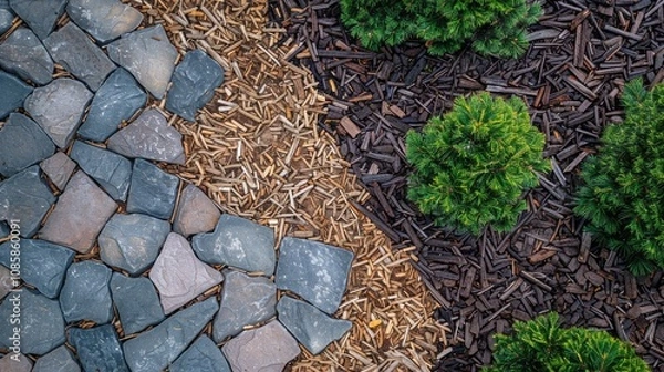 Fototapeta Stone Path and Pine Trees in a Garden