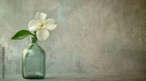 Fototapeta Single jasmine flower in a small glass bottle, isolated against a textured neutral background