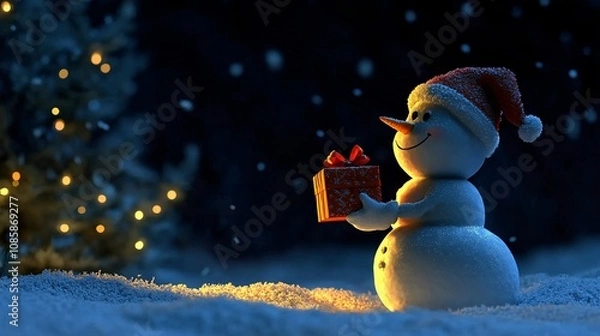 Fototapeta A snowman holds a red gift box. The atmosphere has snow and pine trees. At night.